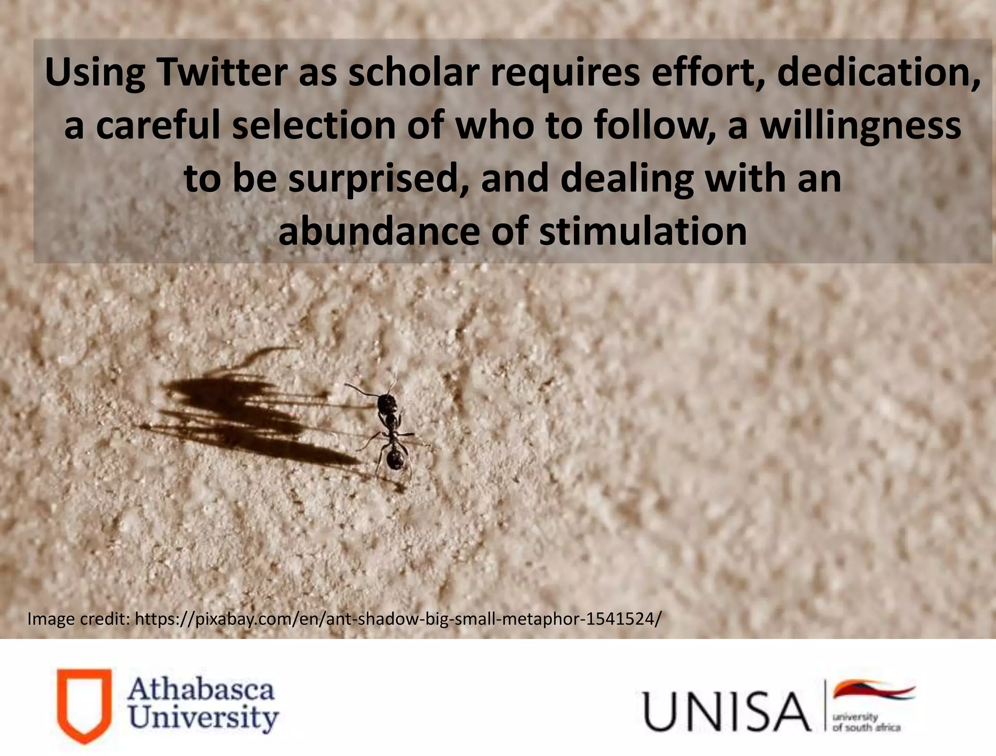 Imagecredit:https://pixabay.com/en/binary-code-man-display-dummy-face-1327512/
Image credit: https://pixabay.com/en/books-door-entrance-italy-colors-1655783/
Image credit: https://pixabay.com/en/ant-shadow-big-small-metaphor-1541524/
Using Twitter as scholar requires effort, dedication,
a careful selection of who to follow, a willingness
to be surprised, and dealing with an
abundance of stimulation
 