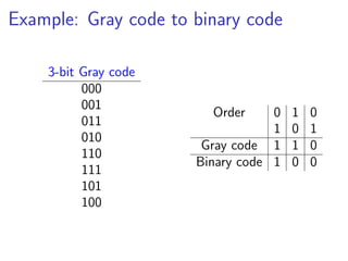 Example: Gray code to binary code

    3-bit Gray code
          000
          001
                        Order     0   1   0
          011
                                  1   0   1
          010
                       Gray code 1    1   0
          110
                      Binary code 1   0   0
          111
          101
          100
 