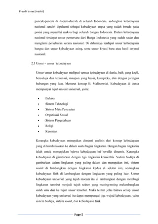 Presdir crew (mastri)


             puncak-puncak di daerah-daerah di seluruh Indonesia, sedangkan kebudayaan
             nasional sendiri dipahami sebagai kebudayaan angsa yang sudah berada pada
             posisi yang memiliki makna bagi seluruh bangsa Indonesia. Dalam kebudayaan
             nasional terdapat unsur pemersatu dari Banga Indonesia yang sudah sadar dan
             menglami persebaran secara nasional. Di dalamnya terdapat unsur kebudayaan
             bangsa dan unsur kebudayaan asing, serta unsur kreasi baru atau hasil invensi
             nasional.

          2.3 Unsur – unsur kebudayaan

              Unsur-unsur kebudayaan meliputi semua kebudayaan di dunia, baik yang kecil,
              bersahaja dan terisolasi, maupun yang besar, kompleks, dan dengan jaringan
              hubungan yang luas. Menurut konsep B. Malinowski. Kebudayaan di dunia
              mempunyai tujuh unsure universal, yaitu:

                        Bahasa
                        Sistem Teknologi
                        Sistem Mata Pencarian
                        Organisasi Sosial
                        Sistem Pengetahuan
                        Religi
                        Kesenian

              Kerangka kebudayaan merupakan dimensi analisis dari konsep kebudayaan
              yang di kombinasikan ke dalam suatu bagan lingkaran. Dengan bagan lingkaran
              ialah untuk menunjukan bahwa kebudayaan ini bersifat dinamis. Kerangka
              kebudayaan di gambarkan dengan tiga lingkaran konsentris. Sistem budaya di
              gambarkan dalam lingkaran yang paling dalam dan merupakan inti, sistem
              sosial di lambangkan dengan lingkaran kedua di sekitar inti, sedangkan
              kebudayaan fisik di lambangkan dengan lingkaran yang paling luar. Unsur
              kebudayaan universal yang tujuh macam itu di lambangkan dengan membagi
              lingkaran tersebut menjadi tujuh sektor yang masing-msing melambangkan
              salah satu dari ke tujuh unsur tersebut. Maka telihat jelas bahwa setiap unsur
              kebudayaan yang universal itu dapat mempunyai tiga wujud kebudayaan, yaitu
              sistem budaya, sistem sosial, dan kebudayaan fisik.



                                             Page 5
 