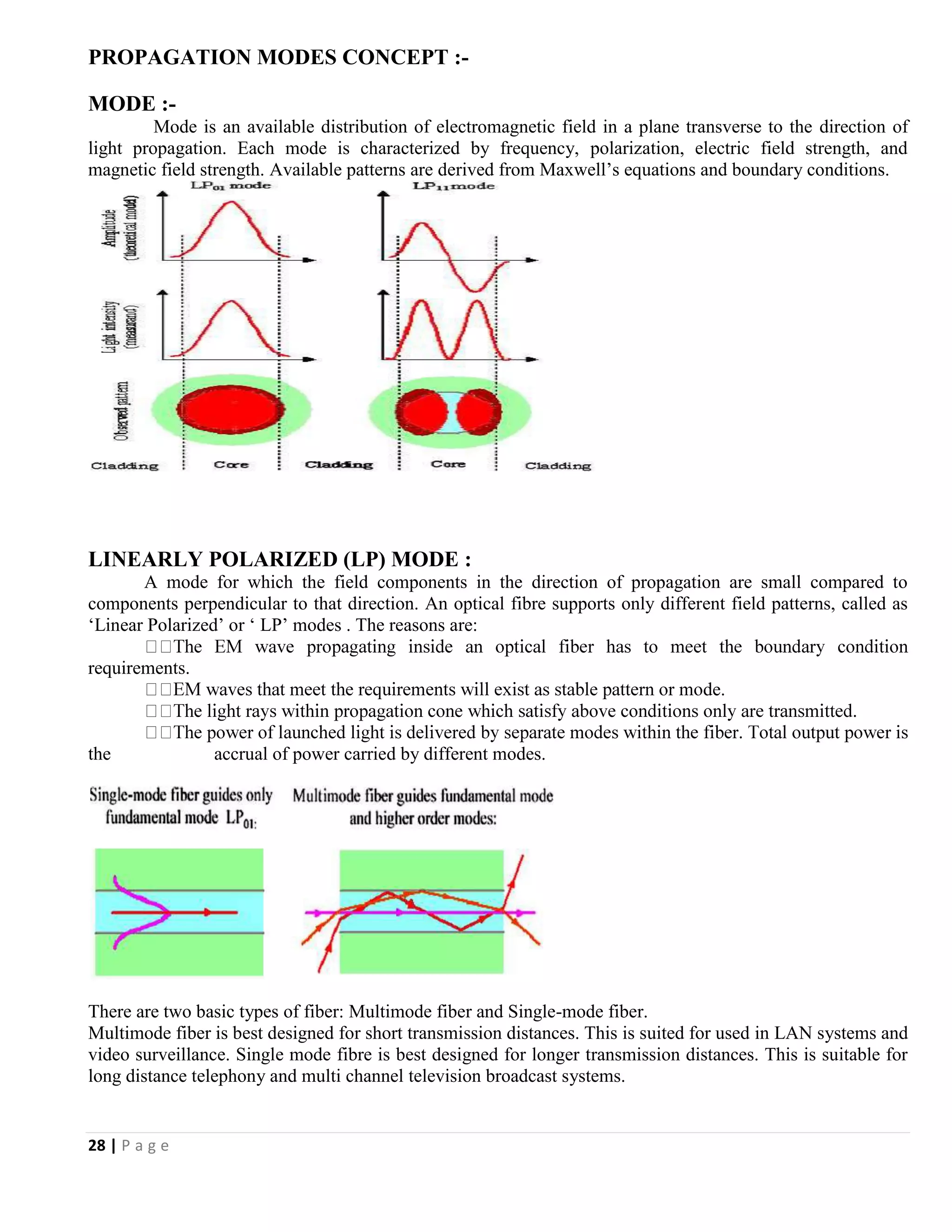 28 | P a g e
PROPAGATION MODES CONCEPT :-
MODE :-
Mode is an available distribution of electromagnetic field in a plane transverse to the direction of
light propagation. Each mode is characterized by frequency, polarization, electric field strength, and
magnetic field strength. Available patterns are derived from Maxwell’s equations and boundary conditions.
LINEARLY POLARIZED (LP) MODE :
A mode for which the field components in the direction of propagation are small compared to
components perpendicular to that direction. An optical fibre supports only different field patterns, called as
‘Linear Polarized’ or ‘ LP’ modes . The reasons are:
requirements.
de.
the accrual of power carried by different modes.
There are two basic types of fiber: Multimode fiber and Single-mode fiber.
Multimode fiber is best designed for short transmission distances. This is suited for used in LAN systems and
video surveillance. Single mode fibre is best designed for longer transmission distances. This is suitable for
long distance telephony and multi channel television broadcast systems.
 