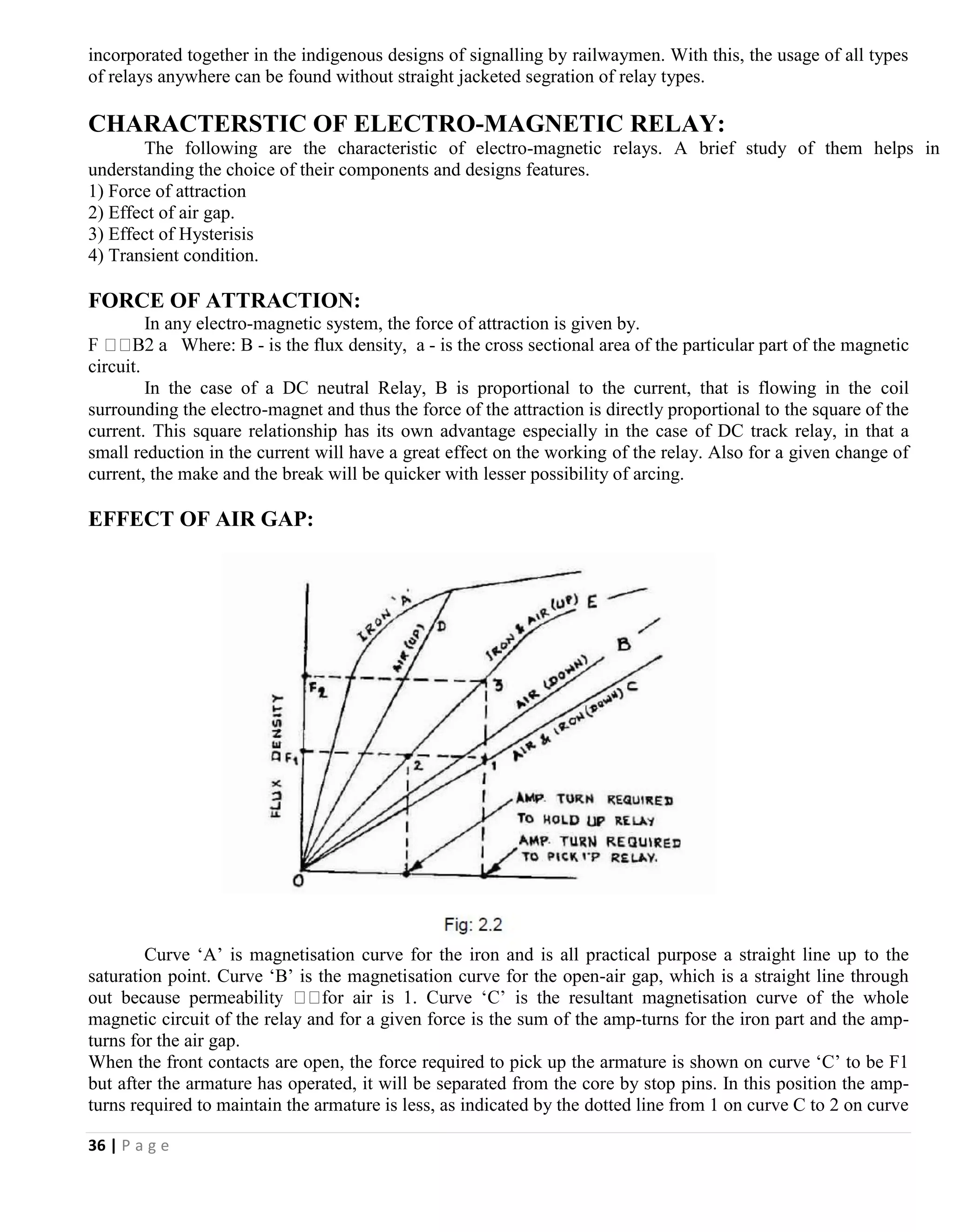 36 | P a g e
incorporated together in the indigenous designs of signalling by railwaymen. With this, the usage of all types
of relays anywhere can be found without straight jacketed segration of relay types.
CHARACTERSTIC OF ELECTRO-MAGNETIC RELAY:
The following are the characteristic of electro-magnetic relays. A brief study of them helps in
understanding the choice of their components and designs features.
1) Force of attraction
2) Effect of air gap.
3) Effect of Hysterisis
4) Transient condition.
FORCE OF ATTRACTION:
In any electro-magnetic system, the force of attraction is given by.
Where: B - is the flux density, a - is the cross sectional area of the particular part of the magnetic
circuit.
In the case of a DC neutral Relay, B is proportional to the current, that is flowing in the coil
surrounding the electro-magnet and thus the force of the attraction is directly proportional to the square of the
current. This square relationship has its own advantage especially in the case of DC track relay, in that a
small reduction in the current will have a great effect on the working of the relay. Also for a given change of
current, the make and the break will be quicker with lesser possibility of arcing.
EFFECT OF AIR GAP:
Curve ‘A’ is magnetisation curve for the iron and is all practical purpose a straight line up to the
saturation point. Curve ‘B’ is the magnetisation curve for the open-air gap, which is a straight line through
out because per magnetisation curve of the whole
magnetic circuit of the relay and for a given force is the sum of the amp-turns for the iron part and the amp-
turns for the air gap.
When the front contacts are open, the force required to pick up the armature is shown on curve ‘C’ to be F1
but after the armature has operated, it will be separated from the core by stop pins. In this position the amp-
turns required to maintain the armature is less, as indicated by the dotted line from 1 on curve C to 2 on curve
 