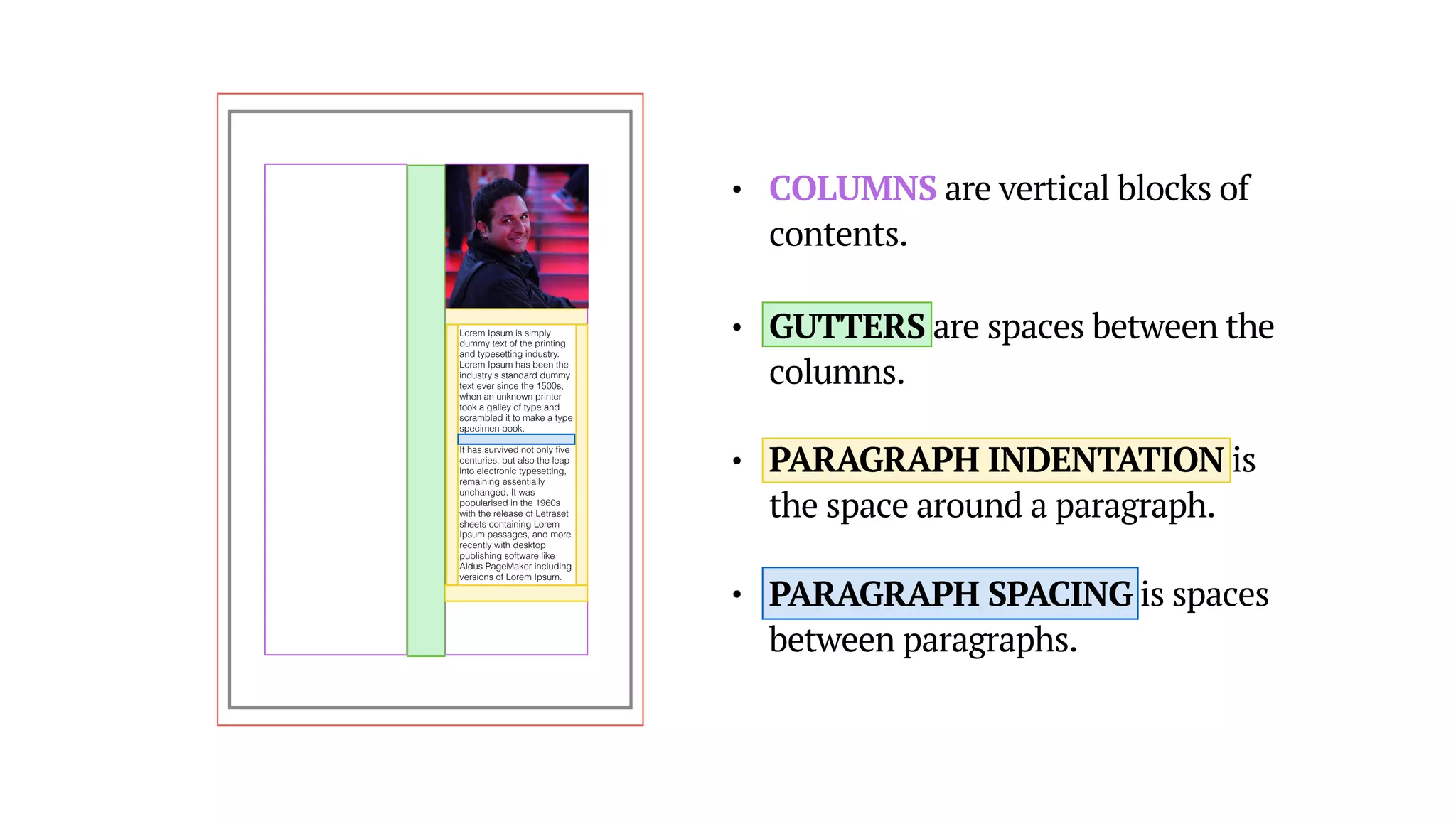 • COLUMNS are vertical blocks of
contents.
Lorem Ipsum is simply
dummy text of the printing
and typesetting industry.
Lorem Ipsum has been the
industry's standard dummy
text ever since the 1500s,
when an unknown printer
took a galley of type and
scrambled it to make a type
specimen book.
It has survived not only ﬁve
centuries, but also the leap
into electronic typesetting,
remaining essentially
unchanged. It was
popularised in the 1960s
with the release of Letraset
sheets containing Lorem
Ipsum passages, and more
recently with desktop
publishing software like
Aldus PageMaker including
versions of Lorem Ipsum.
• GUTTERS are spaces between the
columns.
• PARAGRAPH INDENTATION is
the space around a paragraph.
• PARAGRAPH SPACING is spaces
between paragraphs.
 