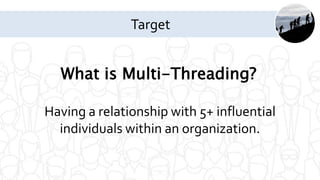 What is Multi-Threading?
Having a relationship with 5+ influential
individuals within an organization.
Target
 