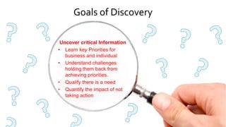 Goals of Discovery
Uncover critical Information
• Learn key Priorities for
business and individual
• Understand challenges...