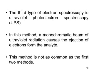 18
• The third type of electron spectroscopy is
ultraviolet photoelectron spectroscopy
(UPS).
• In this method, a monochro...