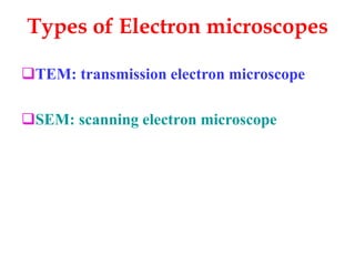 Types of Electron microscopes
TEM: transmission electron microscope
SEM: scanning electron microscope
 