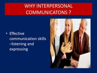WHY INTERPERSONAL
COMMUNICATONS ?
• Effective
communication skills
–listening and
expressing
 
