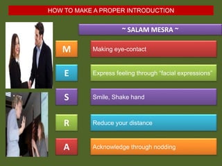 ~ SALAM MESRA ~
M Making eye-contact
E Express feeling through “facial expressions”
S Smile, Shake hand
R Reduce your distance
A Acknowledge through nodding
HOW TO MAKE A PROPER INTRODUCTION
 