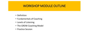 WORKSHOP MODULE OUTLINE
• Definition
• Fundamentals of Coaching
• Levels of Listening
• The GROW Coaching Model
• Practice Session
 