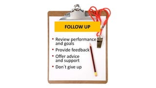 • Review performance
and goals
• Provide feedback
• Offer advice
and support
• Don᾽t give up
FOLLOW UP
 