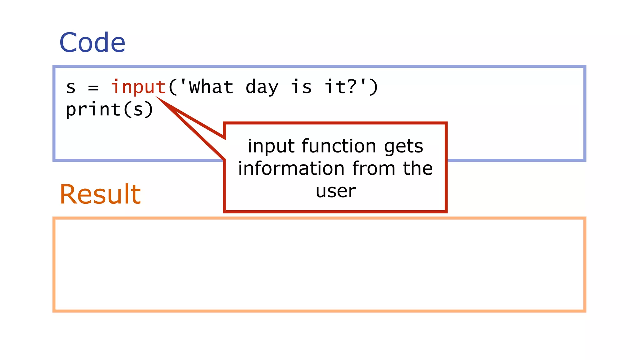 Code
Result
s = input('What day is it?')
print(s)
input function gets
information from the
user
 