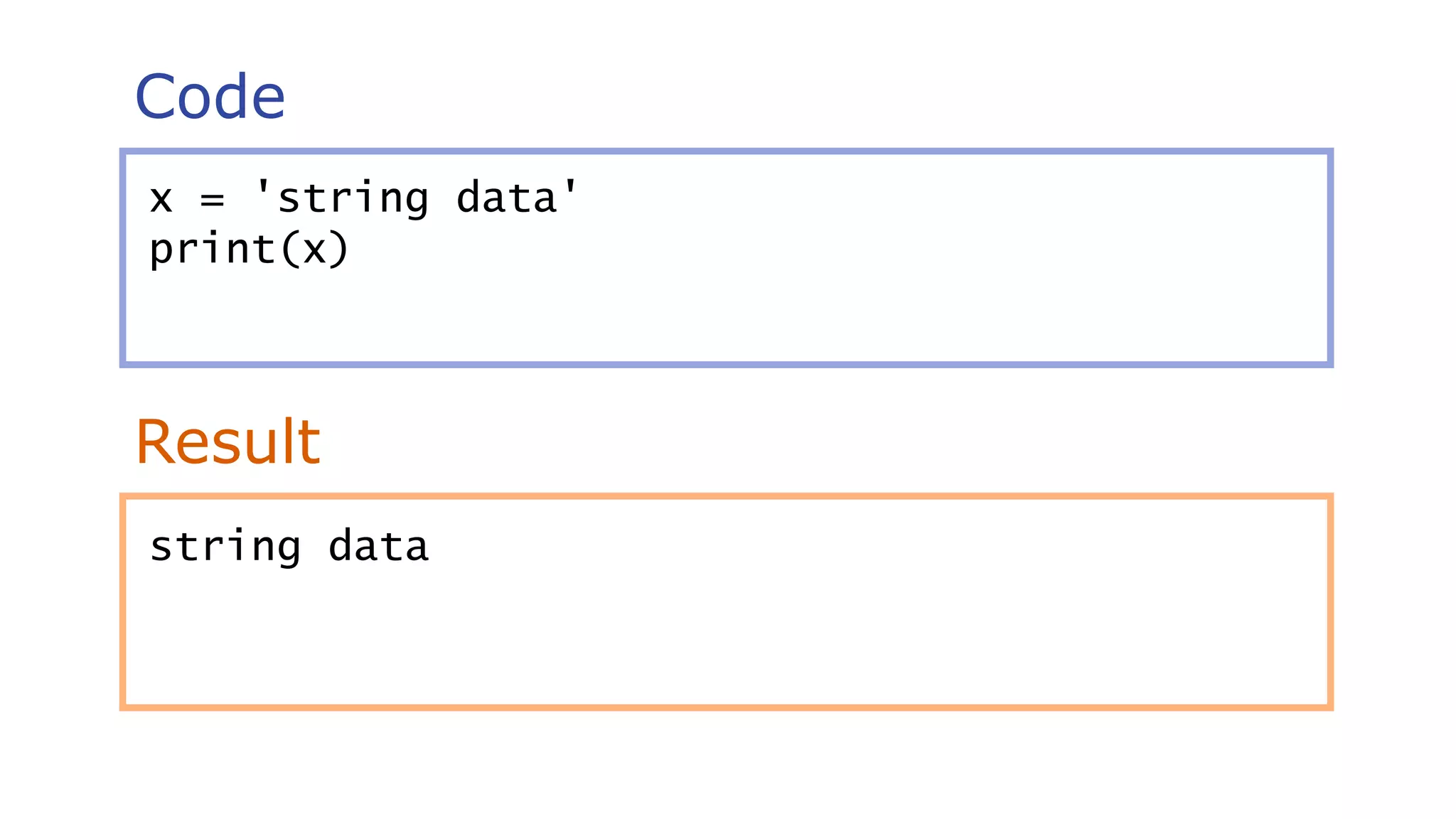 Code
Result
x = 'string data'
print(x)
string data
 