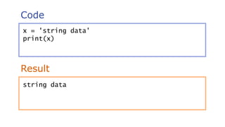 Code
Result
x = 'string data'
print(x)
string data
 