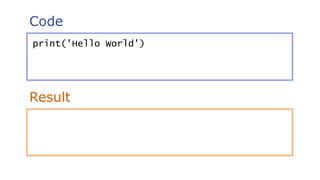 Code
Result
print('Hello World')
 