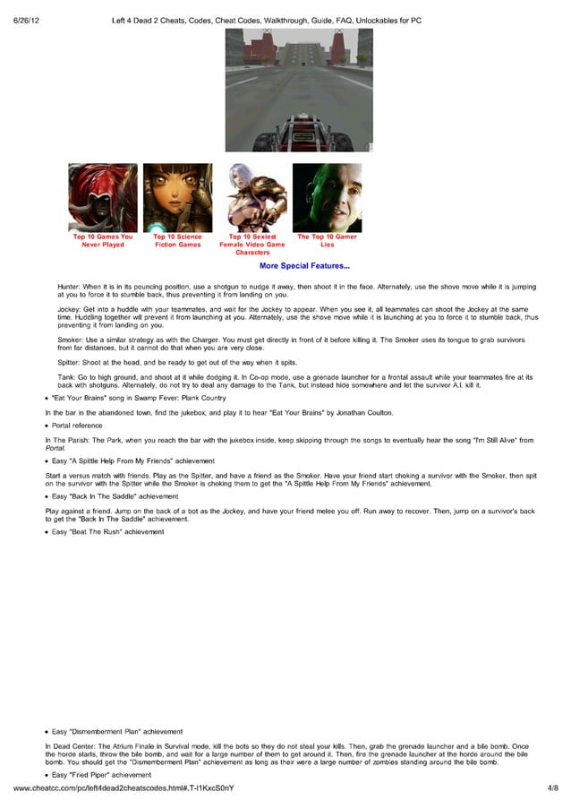 Print left 4 dead 2 cheats, codes, cheat codes, walkthrough, guide, faq, unlockables for pc PDF