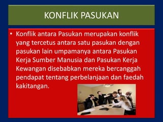 KONFLIK PASUKAN
• Konflik antara Pasukan merupakan konflik
yang tercetus antara satu pasukan dengan
pasukan lain umpamanya antara Pasukan
Kerja Sumber Manusia dan Pasukan Kerja
Kewangan disebabkan mereka bercanggah
pendapat tentang perbelanjaan dan faedah
kakitangan.
 