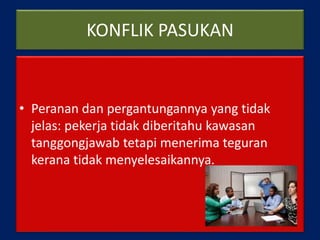 KONFLIK PASUKAN
• Peranan dan pergantungannya yang tidak
jelas: pekerja tidak diberitahu kawasan
tanggongjawab tetapi menerima teguran
kerana tidak menyelesaikannya.
 
