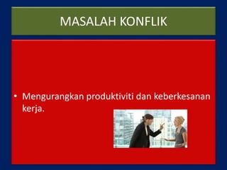 MASALAH KONFLIK
• Mengurangkan produktiviti dan keberkesanan
kerja.
 