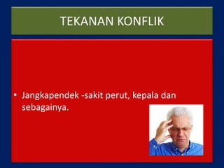 TEKANAN KONFLIK
• Jangkapendek -sakit perut, kepala dan
sebagainya.
 