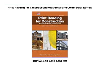 Print Reading for Construction: Residential and Commercial Review
DONWLOAD LAST PAGE !!!!
https://lk.readpdfonline.xyz/?book=1631269224 Print Reading for Construction provides a practical way to learn and master the skill of print reading for construction. It is a combination text?workbook that teaches the interpretation and visualization of residential and commercial construction prints. The text starts with the basics and progresses to advanced topics. The content is ideal for career and technical students, apprentices, and building trades workers in addition to being suitable for self?study.The Large Prints folder included with the text contains 140 foldout prints (17” x 22”) from residential and commercial construction, providing students realistic, on?the?job experience.New Green Building and Careers in Construction features address sustainable design practices and career information.Applied math and measurement content and assessments help students master foundational skills for success.Electronic versions of the prints in the Large Prints folder are available in PDF format in the instructor resources.Four advanced projects at the end of the text provide additional practice to further develop skills.The new edition features new sets of prints from residential and commercial projects and related print reading activities. A new set of residential prints for a basic project was added to this edition to address basic skills and practices.The text has been enhanced with a new, colorful design and includes many new illustrations to explain topics.
 