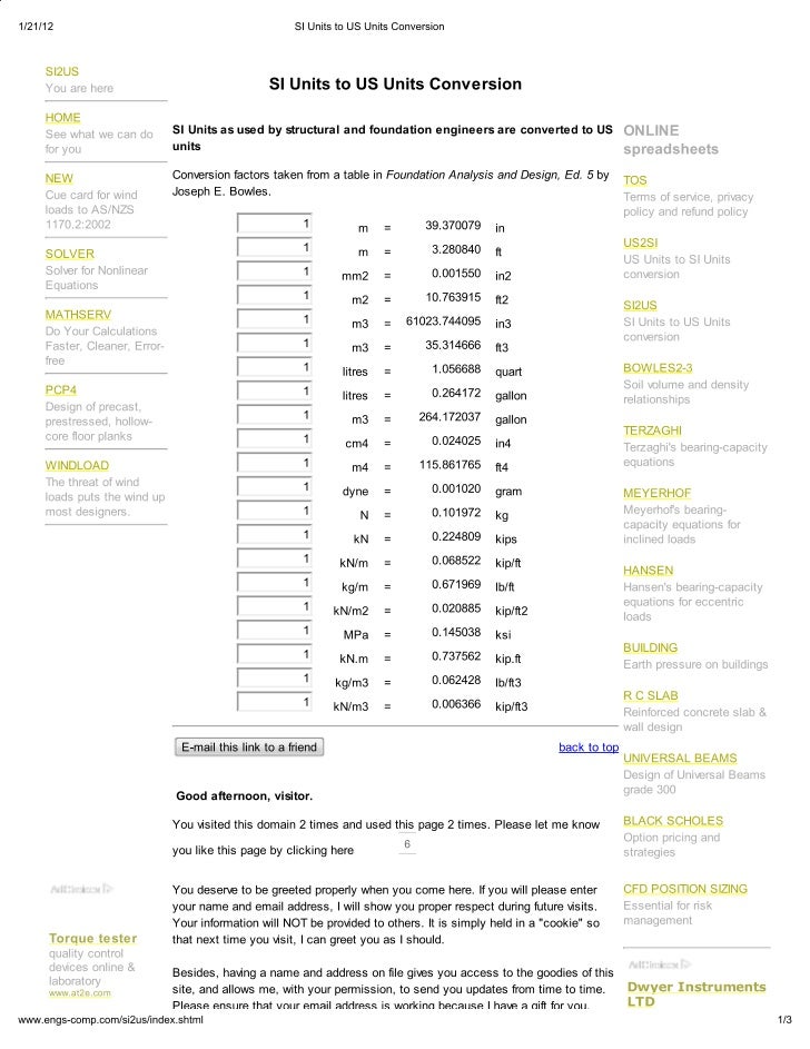 Print si units to us units conversion