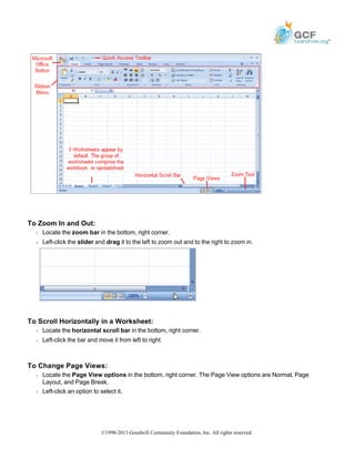 To Zoom In and Out:
Š Locate the zoom bar in the bottom, right corner.
Š Left-click the slider and drag it to the left to zoom out and to the right to zoom in.
To Scroll Horizontally in a Worksheet:
Š Locate the horizontal scroll bar in the bottom, right corner.
Š Left-click the bar and move it from left to right.
To Change Page Views:
Š Locate the Page View options in the bottom, right corner. The Page View options are Normal, Page
Layout, and Page Break.
Š Left-click an option to select it.
©1998-2013 Goodwill Community Foundation, Inc. All rights reserved.
 