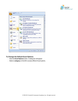 To Change the Default Excel Options:
Š Click the Excel Options button. A dialog box will appear.
Š Select a category on the left to access different Excel options.
©1998-2013 Goodwill Community Foundation, Inc. All rights reserved.
 