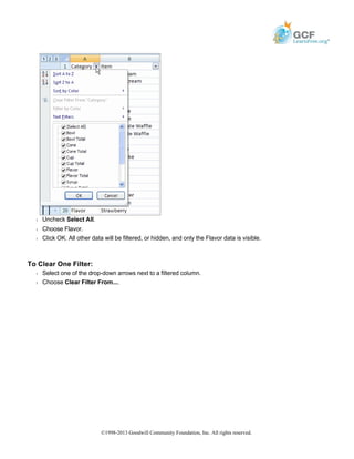Š Uncheck Select All.
Š Choose Flavor.
Š Click OK. All other data will be filtered, or hidden, and only the Flavor data is visible.
To Clear One Filter:
Š Select one of the drop-down arrows next to a filtered column.
Š Choose Clear Filter From....
©1998-2013 Goodwill Community Foundation, Inc. All rights reserved.
 