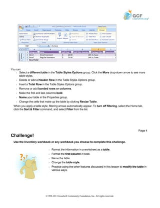 You can:
Š Select a different table in the Table Styles Options group. Click the More drop-down arrow to see more
table styles.
Š Delete or add a Header Row in the Table Styles Options group.
Š Insert a Total Row in the Table Styles Options group.
Š Remove or add banded rows or columns.
Š Make the first and last columns bold.
Š Name your table in the Properties group.
Š Change the cells that make up the table by clicking Resize Table.
When you apply a table style, filtering arrows automatically appear. To turn off filtering, select the Home tab,
click the Sort & Filter command, and select Filter from the list.
Challenge!
Use the Inventory workbook or any workbook you choose to complete this challenge.
Page 4
Š Format the information in a worksheet as a table.
Š Format the first column in bold.
Š Name the table.
Š Change the table style.
Š Practice using the other features discussed in this lesson to modify the table in
various ways.
©1998-2013 Goodwill Community Foundation, Inc. All rights reserved.
 