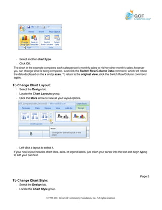 Š Select another chart type.
Š Click OK.
The chart in the example compares each salesperson's monthly sales to his/her other month's sales; however
you can change what is being compared. Just click the Switch Row/Column Data command, which will rotate
the data displayed on the x and y axes. To return to the original view, click the Switch Row/Column command
again.
To Change Chart Layout:
Š Select the Design tab.
Š Locate the Chart Layouts group.
Š Click the More arrow to view all your layout options.
Š Left-click a layout to select it.
If your new layout includes chart titles, axes, or legend labels, just insert your cursor into the text and begin typing
to add your own text.
To Change Chart Style:
Š Select the Design tab.
Š Locate the Chart Style group.
Page 5
©1998-2013 Goodwill Community Foundation, Inc. All rights reserved.
 