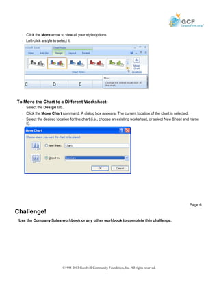 Š Click the More arrow to view all your style options.
Š Left-click a style to select it.
To Move the Chart to a Different Worksheet:
Š Select the Design tab.
Š Click the Move Chart command. A dialog box appears. The current location of the chart is selected.
Š Select the desired location for the chart (i.e., choose an existing worksheet, or select New Sheet and name
it).
Challenge!
Use the Company Sales workbook or any other workbook to complete this challenge.
Page 6
©1998-2013 Goodwill Community Foundation, Inc. All rights reserved.
 