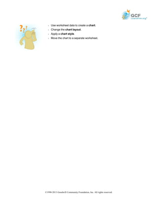 Š Use worksheet data to create a chart.
Š Change the chart layout.
Š Apply a chart style.
Š Move the chart to a separate worksheet.
©1998-2013 Goodwill Community Foundation, Inc. All rights reserved.
 