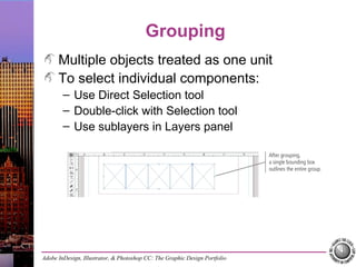 Adobe InDesign, Illustrator, & Photoshop CC: The Graphic Design Portfolio
Grouping
Multiple objects treated as one unit
To select individual components:
– Use Direct Selection tool
– Double-click with Selection tool
– Use sublayers in Layers panel
 