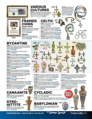 PHONE ORDERS ONLY: 1-800-426-2007 or 1-212-725-7537 11
Specials
Summer
2021
Specials
Summer
2021
FRAMED
COINS
American,Colonial
31687SilvershipwreckcoinfromtheSpanish
treasureship,theNuestraSenoradeAtochaina
goldframe.1622AD(17”x9½”)
Regular$600Sale$300
HolyLand
46447 TwoBiblicalWidow’sMitebronze
coinsinagoldframe.100BC-100AD(13”x10”)
Regular $400Sale $200
CELTIC
23971 Bronzegarmentpin.Rust/
greenpatina.700-200BC(3”x1½”)
Regular $400 Sale $200
429175Bronzebracelets.Twowithacoiledpattern,
twowithalinearpattern,onewithaflatdesign.Green
patina.700-200BC(3”-3¼”)Regular$800Sale$400
46581 Large,thick,solidbronzebraceletwithatwisted
ropestyleband,theopenterminalsendinginabar.Green
patina.700-200BC(43/4”)Regular$1,200Sale$600
52306Bronzechainandbellwithvarioussizedlinks,
clapperismissing.Greenpatina,earthenencrustation.
700-200BC(44”,Bell:3¾”)Regular $1,500Sale $750
VARIOUS
CULTURES
29797Lotof3.Byzantine:2Bronzecrosspendants;Holy
Land:1BronzeFirstCrusader’scrosspendantwiththefive
woundsofChrist.Allwearable.Greenpatina.600AD-
1096AD(1½”-3”)Regular$700Sale$350
45208
46020
30803 32802
BYZANTINE
26801Bronzeoillamp:abirdonthehandleandonthehinged
lid.Doublespouts,raisedgeometricdesignsonthepedestalbase.
Darkgreenpatina.600-900AD(4½”x5½”)
Regular$700Sale$350
27631 Lotof5ironkeys.Rustpatina.600-1000AD(5”)
Regular $500Sale $250
30803 Bronzereligiousfigurewearingarobeandholdinga
largecross.Greenpatina.1300AD(3”)Regular$600Sale$300
32802Bronzecrosspendantwithpointededges.Greenpatina.
Wearable.600-900AD(2½”)Regular$500Sale$250
35774 Bronzecrosswithcircularpatternsateachend.Green
patina.Wearable.(2”)600-900ADRegular$200Sale$100
36034 Multi-coloredtubularandroundglassbeadsforstringing
andmakingjewelry.600-900AD(1/4 lb.)Regular$300Sale$150
446813BronzecrosspendantswiththefivewoundsofChrist,
wearable.Greenpatina.600-900AD(3/4”-2”)
Regular$400Sale$200
449945BronzecrosspendantswiththefivewoundsofChrist.
Greenpatina.Wearable.600AD(11/4”)Regular$600Sale$300
45208Rectangularshaped,goldenambermold-blownpilgrim
glassjarwithacylindricalneck,rolledrimandacrossoneachofthe
sidepanels.Tracesofiridescence.600-900AD(31/2”x 11/2”)
Regular$600Sale$300
46020 5Bronzecrosspendants.Greenpatina.(¾”)
Regular$400Sale$200
49613 Terracottaoillampwithdotteddesignsontop,aslightlypro-
trudinghandle,acrosswithinacircleonthebottom. Tracesofcarbon
residuearoundthewickhole.600AD(4”)Regular$500Sale$250
50138Bronzecrosspendantwiththefivewounds
ofChristandacircularbackground.Wearable.600-
900AD(31/4”)Regular$1,500Sale$750
31687
46447
55549Multicoloredmummy
beadsandgoldaccentbeadson
amodernnecklacesettingwitha
bronzeByzantinecrosspendant.
Mummybeads:600BC-300BC
Byzantinecross:600AD(22”)
Regular $400Sale $200
42917
29797
23971
46581
52306
51339SilvercrosspendantwiththeMadonnaandChildinthecen-
terandincisedlineardesigns.Anetchedcrossandinscriptionsonthe
back.Wearable.600AD(21/4”x11/2”)Regular$2,000Sale$1,000
52660 Bronzedecorativecross.Notwearable.Greenpatina.
600-900AD(3”x21/2”)Regular $600Sale $300
54230Goldflatteneddoublecrosspendant.Animageinreliefofthe
crucifixionofJesus,threeangelsandinscriptionsonthefront.Plainback.
Modernvermeilloop.900-1300AD(13/4”)Regular$6,000Sale$3,000
54441 Goldcrosspendantwithlinearandcirculardesignsonthe
front,thebackisplain.Modernvermeilloop.900-1300AD(13/4”)
Regular$3,000Sale$1,500
54510 BronzecrosspendantwiththeMadonnaandChildinthe
centerandincisedlineardesignsonthefront.Anetchedcrossonthe
reverse.Wearable.Greenandearthenpatina.600-900AD(21/4”)
Regular $700 Sale $350
54511 BronzecrosspendantwithaportraitofJesusinreliefwear-
ingacrownofthornsinthecenter,onthefront.Incisedletters,num-
bersandcirclesonthesurface.Wearable.Greenandearthenpatina.
600-900AD(3”)Regular $700 Sale $350
55430 Bronzelambstatuettewithacross.
AgnusDei(LambofGod).600AD(11/4”x11/2”)
Regular $600 Sale $300
26801
35774
44681
49613
50138
54510
55430
51339
52660
54441
27631
44994
54511
36034
54230
55549
48101
CANAANITE
43299 Bronzeduckbillshapeddiggingtool,
shaftismissing.Greenpatina.1200BC(4”x2”)
Regular $750 Sale $375
SYRO-
HITTITE
44978 Terracottavotivestatuewithbirdlike
featuresandapointedhead.3000BC(51/4”x21/2”)
Regular $500 Sale $250
44978
43299
BABYLONIAN
54612 Blacksteatitestampseal:astanding,winged,beardedfigure.
Anincisedlineardesignonthereverse.Wearable.1920BC(21/4”x13/4”)
Regular$700Sale$350
CYCLADIC
48101 CarvedblackbasaltfemaleidoloftheLateSpedosVariety.2400BC
(8”x3”)Regular $5,000Sale $2,500
55067 CarvedblackbasaltstylizedCycladicfigureoftheLateSpedosVariety,arms
crossedoveratthewaist,elongatedhead.2400BC(73/4”x2”)Regular $4,000 Sale $2,000
55067
54612
 