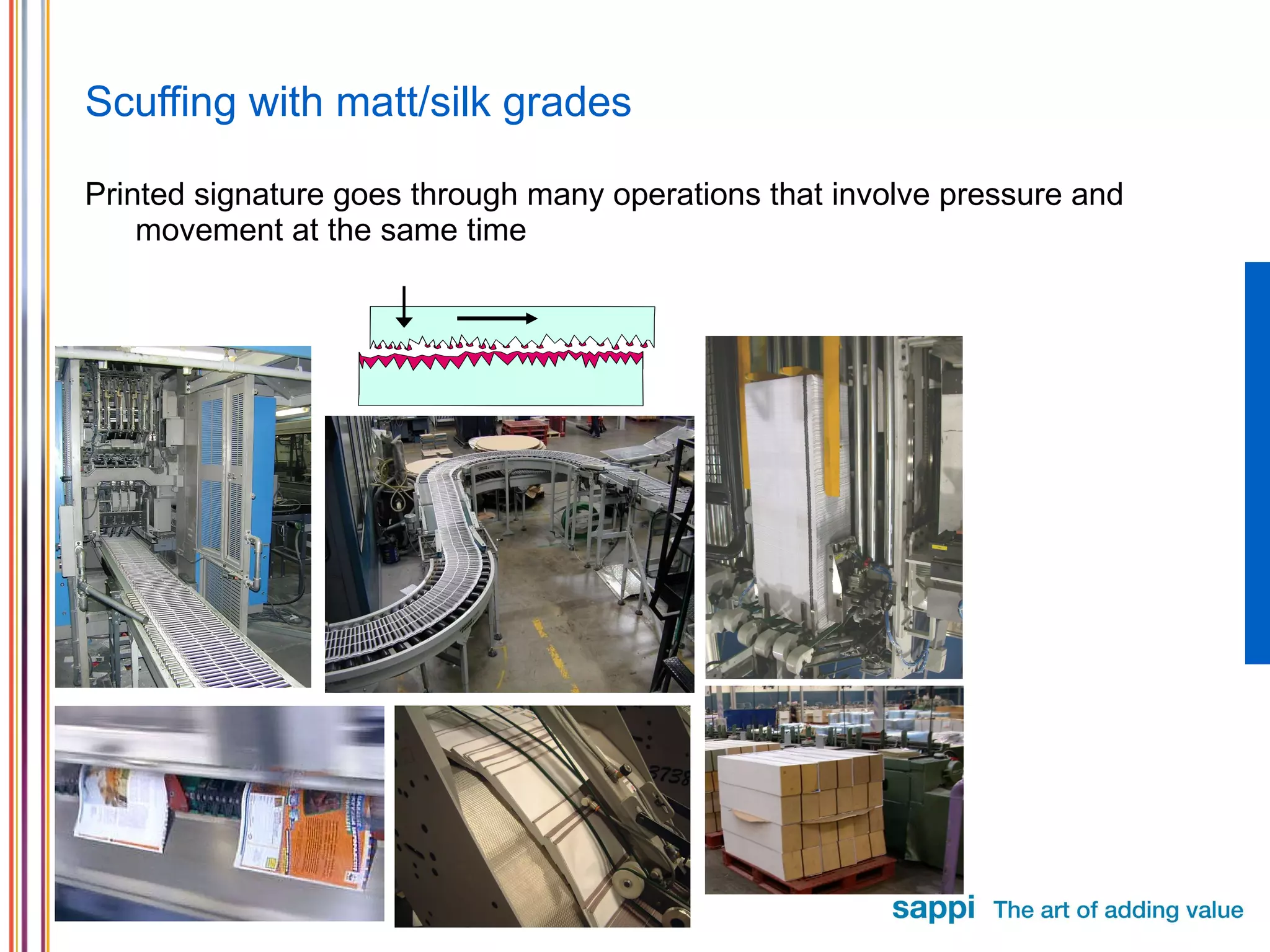Scuffing with matt/silk grades Printed signature goes through many operations that involve pressure and movement at the same time
