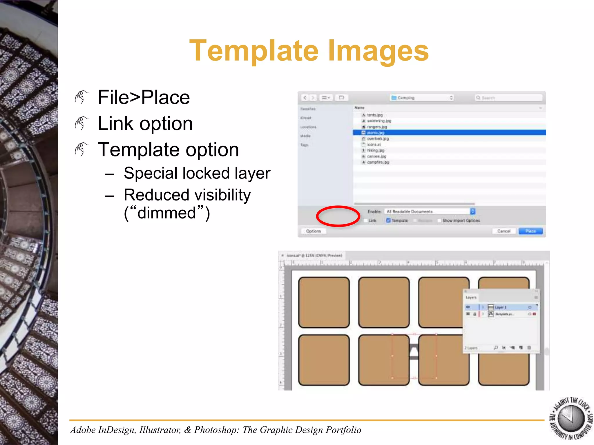 Adobe InDesign, Illustrator, & Photoshop: The Graphic Design Portfolio
Template Images
File>Place
Link option
Template option
– Special locked layer
– Reduced visibility
(“dimmed”)
 