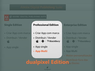 Adobe Digital Publishing Suite




Single Edition          Professional Edition    Enterprise Edition

» Criar App com marca   » Criar App com marca   » Criar App com marca
» Distribuir / Vender   » Distribuir / Vender   » Distribuir / Vender


» App single            » App single            » App single
                        » App Multi             » App Multi
                                                » Maior personalização

                    dualpixel Edition
                                                » Distribuir fora das
                                                  App Stores
 