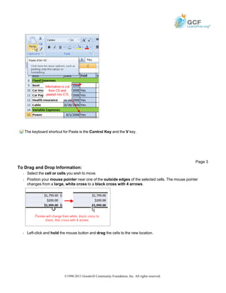 The keyboard shortcut for Paste is the Control Key and the V key.
To Drag and Drop Information:
Š Select the cell or cells you wish to move.
Š Position your mouse pointer near one of the outside edges of the selected cells. The mouse pointer
changes from a large, white cross to a black cross with 4 arrows.
Š Left-click and hold the mouse button and drag the cells to the new location.
Page 3
©1998-2013 Goodwill Community Foundation, Inc. All rights reserved.
 