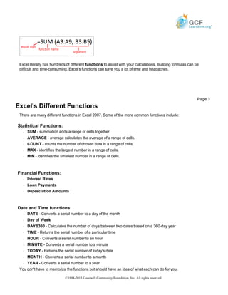 Excel literally has hundreds of different functions to assist with your calculations. Building formulas can be
difficult and time-consuming. Excel's functions can save you a lot of time and headaches.
Excel's Different Functions
There are many different functions in Excel 2007. Some of the more common functions include:
Statistical Functions:
Š SUM - summation adds a range of cells together.
Š AVERAGE - average calculates the average of a range of cells.
Š COUNT - counts the number of chosen data in a range of cells.
Š MAX - identifies the largest number in a range of cells.
Š MIN - identifies the smallest number in a range of cells.
Financial Functions:
Š Interest Rates
Š Loan Payments
Š Depreciation Amounts
Date and Time functions:
Š DATE - Converts a serial number to a day of the month
Š Day of Week
Š DAYS360 - Calculates the number of days between two dates based on a 360-day year
Š TIME - Returns the serial number of a particular time
Š HOUR - Converts a serial number to an hour
Š MINUTE - Converts a serial number to a minute
Š TODAY - Returns the serial number of today's date
Š MONTH - Converts a serial number to a month
Š YEAR - Converts a serial number to a year
You don't have to memorize the functions but should have an idea of what each can do for you.
Page 3
©1998-2013 Goodwill Community Foundation, Inc. All rights reserved.
 