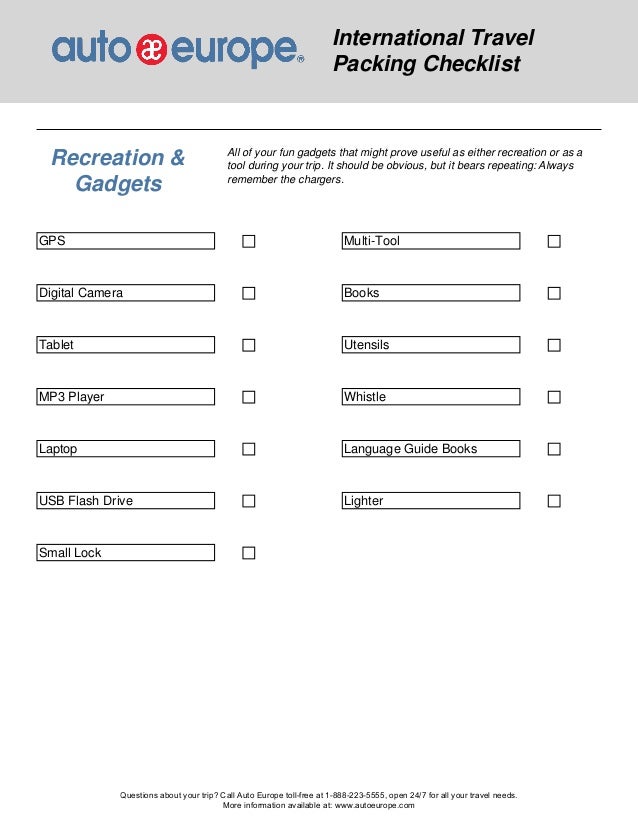 recreation gadgets travel checklist printable packing list printable packing list