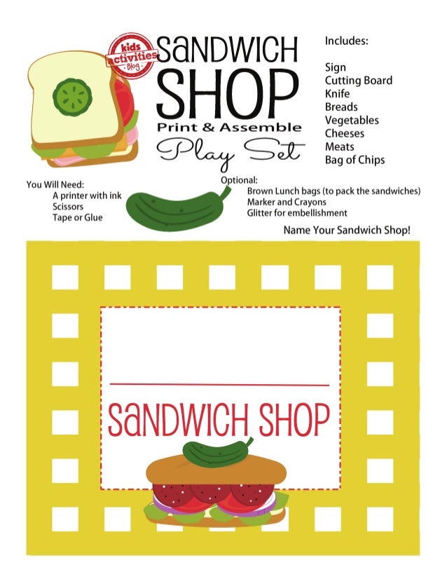 Printable Sandwich shop Printable Sandwich shop