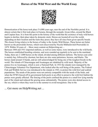 Horses of the Wild West and the World Essay
Domestication of the horse took place 5 6,000 years ago, near the end of the Neolithic period. It is
almost certain that it first took place in Eurasia, through the nomadic Aryan tribes, around the Black
and Caspian Seas. It is from this point in the history of the world that the existence of truly wild horses
begins to decline; their place taken by domestic stock. Horses are located all over the world,
depending on their location and the traits they poses; they have all since been given specific breeds.
The closest living relative to the horses of today is the Asiatic Wild Horses. These horses are better
known as the przewalskii horses, which were discovered by Nicolai Mikhailovitch Przewalskii in
1879. Within 10 years of ... Show more content on Helpwriting.net ...
Between 1884 and 1911 imported stallions, as well as some mares, were introduced to the wild herds.
The horses established breeding colonies, and were rounded up regularly to be sent to the mainland.
Today, there are 2 3,000 horses on the island, divided among different stallions. The horses coat color
is mainly bay, followed by chestnut, but there are also some palominos, browns, and blacks. The
horses stand around 14 hands, and are still acknowledged for being one of the toughest breeds in the
world. The islands of Chincoteague and Assateague are inhabited by wild stock. Majority of the
ponies live on Assateague, which is now a National Park. In 1933 the islands were managed by the
Chincoteague Volunteer Fire Department, who looked after the well being of the ponies. The Federal
Fish and Wildlife Service was introduced to the islands in 1943, to protect the wild fowl and seabird
populations. The needs of the ponies were not entirely compatible with the needs of the birds; and
when the FFWS fenced off its government built pools in an effort to preserve the wild fowl habitat the
ponies were greatly affected. The fencing of the pools confined the ponies to a small low lying marshy
part of the island and reduced the grazing areas substantially. The ponies were also denied access to
the sea, which is where they went to in the summer to avoid mosquitoes. Due to the
... Get more on HelpWriting.net ...
 