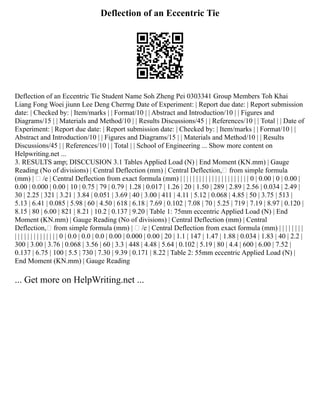 Deflection of an Eccentric Tie
Deflection of an Eccentric Tie Student Name Soh Zheng Pei 0303341 Group Members Toh Khai
Liang Fong Woei jiunn Lee Deng Cherrng Date of Experiment: | Report due date: | Report submission
date: | Checked by: | Item/marks | | Format/10 | | Abstract and Introduction/10 | | Figures and
Diagrams/15 | | Materials and Method/10 | | Results Discussions/45 | | References/10 | | Total | | Date of
Experiment: | Report due date: | Report submission date: | Checked by: | Item/marks | | Format/10 | |
Abstract and Introduction/10 | | Figures and Diagrams/15 | | Materials and Method/10 | | Results
Discussions/45 | | References/10 | | Total | | School of Engineering ... Show more content on
Helpwriting.net ...
3. RESULTS amp; DISCCUSION 3.1 Tables Applied Load (N) | End Moment (KN.mm) | Gauge
Reading (No of divisions) | Central Deflection (mm) | Central Deflection, from simple formula
(mm) |  /e | Central Deflection from exact formula (mm) | | | | | | | | | | | | | | | | | | | | | | 0 | 0.00 | 0 | 0.00 |
0.00 | 0.000 | 0.00 | 10 | 0.75 | 79 | 0.79 | 1.28 | 0.017 | 1.26 | 20 | 1.50 | 289 | 2.89 | 2.56 | 0.034 | 2.49 |
30 | 2.25 | 321 | 3.21 | 3.84 | 0.051 | 3.69 | 40 | 3.00 | 411 | 4.11 | 5.12 | 0.068 | 4.85 | 50 | 3.75 | 513 |
5.13 | 6.41 | 0.085 | 5.98 | 60 | 4.50 | 618 | 6.18 | 7.69 | 0.102 | 7.08 | 70 | 5.25 | 719 | 7.19 | 8.97 | 0.120 |
8.15 | 80 | 6.00 | 821 | 8.21 | 10.2 | 0.137 | 9.20 | Table 1: 75mm eccentric Applied Load (N) | End
Moment (KN.mm) | Gauge Reading (No of divisions) | Central Deflection (mm) | Central
Deflection, from simple formula (mm) |  /e | Central Deflection from exact formula (mm) | | | | | | | |
| | | | | | | | | | | | | | 0 | 0.0 | 0.0 | 0.0 | 0.00 | 0.000 | 0.00 | 20 | 1.1 | 147 | 1.47 | 1.88 | 0.034 | 1.83 | 40 | 2.2 |
300 | 3.00 | 3.76 | 0.068 | 3.56 | 60 | 3.3 | 448 | 4.48 | 5.64 | 0.102 | 5.19 | 80 | 4.4 | 600 | 6.00 | 7.52 |
0.137 | 6.75 | 100 | 5.5 | 730 | 7.30 | 9.39 | 0.171 | 8.22 | Table 2: 55mm eccentric Applied Load (N) |
End Moment (KN.mm) | Gauge Reading
... Get more on HelpWriting.net ...
 
