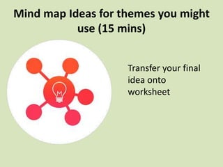Mind map Ideas for themes you might
use (15 mins)
Transfer your final
idea onto
worksheet
 