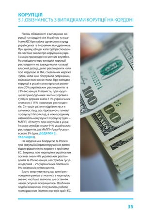 35
Рівень обізнаності з випадками ко-
рупції на кордоні між Україною та кра-
їнами ЄС був майже однаковим серед
українських та іноземних мандрівників.
При цьому, обидві категорії респонден-
тів частіше знали про корупцію в укра-
їнських прикордонно-митних службах.
Розповідаючи про випадки корупції
респонденти не завжди мали на увазі
власний досвід, деякі респонденти чули
про корупцію зі ЗМІ, соціальних мереж і
чуток, коли інші оперували ситуаціями,
свідками яких вони стали. Про випадки
корупції в українських органах розпо-
віли 20% українських респондентів та
23% іноземців. Натомість, про коруп-
цію в прикордонних і митних органах
сусідніх держав знали 11% українських
опитаних і 15% іноземних респонден-
тів. Ситуація разюче відрізняється в
залежності від досліджуваного пункту
пропуску. Наприклад, в міжнародному
автомобільному пункті пропуску (далі –
МАПП) «Устилуг» про корупцію в укра-
їнських службах знали 44% українських
респондентів, а в МАПП «Рава-Руська»
всього 3% (див. ДОДАТОК 2.
ТАБЛИЦЯ 8).
На кордоні між Білоруссю та Росією
про корупційні правопорушення розпо-
відали рідше ніж на кордоні з країнами
ЄС. Зокрема, про корупцію в українських
органах знали 4% українських респон-
дентів та 9% іноземців, а в службах сусід-
ніх держав - 2% українських опитаних і
8% іноземних респондентів.
Варто звернути увагу, що деякі рес-
понденти раніше стикались з корупцією
значно частіше і вважали, що останнім
часом ситуація покращилась. Особливо
подібні коментарі стосувались роботи
прикордонних і митних органів країн ЄС.
КОРУПЦІЯ
5.1.ОБІЗНАНІСТЬ З ВИПАДКАМИ КОРУПЦІЇ НА КОРДОНІ
 