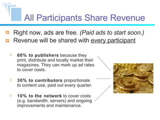 All Participants Share Revenue Right now, ads are free.  (Paid ads to start soon.) Revenue will be shared with  every participant 60% to publishers  because they print, distribute and locally market their magazines. They can mark up ad rates to cover costs. 30% to contributors  proportionate to content use, paid out every quarter. 10% to the network  to cover costs (e.g. bandwidth, servers) and ongoing improvements and maintenance. 