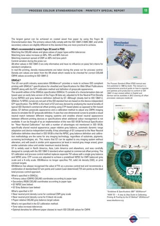 PSO-UPM-GB:SEE 25/11/11 19:23 Page13




                           PROCESS COLOUR STANDARDISATION - PRINTCITY SPECIAL REPORT                                                                             13




        The largest gamut can be achieved on coated wood free paper by using the Fogra 39
        Characterisation data. The primary colours fully comply with the ISO 12647-2 AMD 2007, and while
        secondary colours are slightly different to the standard they are more practical to achieve.
        What's recommended to match Fogra 39 (used in PSO)
        Matching the CIELAB values and gloss values of paper types within tolerances
        Matching tone value increase on 40%, 70% and 80% fulcrum
        Matching maximum spread of CMY on 40% mid tone patch
        Control variation during the press run
        All other values in ISO 12647-2 are only informative and have no influence on pass/ fail criteria for
        standard compliance.
        In real life printing, density measurements are taken during the press run for process control.
        Density aim values are taken from the OK-sheet which needs to be checked for correct CIELAB
        CMYK values according to ISO 12647-2.
        GRACoL®
        The US non-profit industry association IDEAlliance® provides a route to achieve ISO compliant             The Process Standard Offset (PSO) manual was
        printing with GRACoL® specifications for sheetfed and Specifications for Web Offset Publications          first published in 1980 by bvdm. This manual is a
        (SWOP) along with the G7® calibration method and definition of greyscale appearance.                      comprehensive practical guide on how to organise
                                                                                                                  and optimise print production to conform to ISO
        The seventh edition of the GRACoL specification (GRACoL 7) consists of a characterisation data set        12647. A new revised edition in English and
        based upon an early beta version of the Fogra 39 data set, adjusted to fit the Neutral Print Density      German will be available in 2012 covering all offset
        Curve (NPDC) and grey balance definition defined by G7. Although closely tied to ISO 12647-2,             processes. www.pso-insider.de
        GRACoL 7’s NPDC curves are not part of the ISO standard but are based on the device-independent
        G7® specification. The NPDC is the heart of G7 and was derived by analysing the neutral tonality of
        typical ISO Standard commercial offset printing using CTP-based plates as opposed to film-based
        plates. G7 defines greyscale appearance and a calibration method to adjust any CMYK imaging
        device to simulate the G7 greyscale definition. It uses four one-dimensional curves to provide a visual
        neutral match between different imaging systems and enables shared neutral appearance
        between different printing devices or specifications when additional colour management is not
        available. It can be thought of as an implementation of the new ISO 10128 Technical Specification
        for “Near Neutral Calibration” but with a number of advantages not mentioned in ISO 10128,
        specifically shared neutral appearance, paper relative grey balance, automatic dynamic range
        adaptation and device-independent tonality. A key advantage of G7 compared to the Near Neutral
        Calibration definition described in ISO 10128 is that the NPDC, grey balance definition and calibra-
        tion methodology are the same for any imaging technology, regardless of substrate, pigments,
        screening technologies, etc. This means that G7 can be applied to any imaging system without
        alteration, and will result in similar print appearance (at least in neutral grey image areas), given
        similar substrate colour and similar maximum neutral density
        G7 is widely used in North America, Asia, Latin America and elsewhere, and was carefully
        designed to comply with the ISO 12647-2 standard when applied to commercial offset printing. The
        G7 calibration and process control method replaces separate TVI values with a single grey balance
        and NPDC aims. CTP curves are adjusted to achieve a predefined NPDC for CMY balanced grey
        scale and a K-only scale. IDEAlliance no longer specifies TVI, solid ink density [SID], or print
        contrast targets.
        IDEAlliance has always recognised the value of TVI as a process control tool and recommends a
        combination of standardised G7 aim points and custom (user-determined) TVI aim points as the ideal
        total process control approach.
        What's specified in GRACoL:
        • Primary colour (CMYK) CIELAB coordinates according to paper type
        • Secondary (RGB) CIELAB coordinates according to paper type
        • G7 NPDC (see below)
        • G7 Grey Balance (see below)
        What's specified in G7:                                                                                   “Guidelines & Specifications 2007” IDEAlliance®
        • Near neutral print density curve for combined CMY grey scale                                            “HOW TO — A step by Step Guide to Calibrating,
        • Near neutral print density curve for K black ink scale                                                  Printing & Proofing by the G7 Method” IDEAlliance®
        • Paper-relative CIELAB grey balance target values                                                        www.idealliance.org
        What's not specified in the G7 calibration method:
        • Tone value increase tolerances
        • Optimal densities for different paper classes to reach ISO CIELAB values for CMYK
 