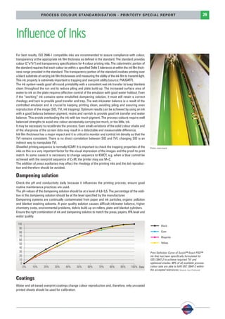 PSO-UPM-GB:SEE 25/11/11 19:24 Page29




                             PROCESS COLOUR STANDARDISATION - PRINTCITY SPECIAL REPORT                                                                                   29



        Influence of Inks
        For best results, ISO 2846-1 compatible inks are recommended to assure compliance with colour,
        transparency at the appropriate ink film thickness as defined in the standard. The standard provides
        colour (L*a*b*) and transparency specifications for 4-colour printing inks. The colorimetric portion of
        the standard requires that each colour be within a specified Delta E tolerance at within the ink film thick-
        ness range provided in the standard. The transparency portion of the standard involves printing over
        a black substrate at varying ink film thicknesses and measuring the ability of the ink film to transmit light.
        This ink property is extremely important to trapping and overprint ability (source: PIA/GATF).
        The ink system needs good all-round printability with a consistent wet ink transfer to keep blankets
        clean throughout the run and to reduce piling and plate build-up. The increased surface area of
        water-to-ink on the plate requires effective control of the emulsion with good water holdout. Even
        if the “working” ink contains some emulsified dampening solution, it must still retain a correct
        rheology and tack to provide good transfer and trap. The wet-ink/water balance is a result of the
        controlled emulsion and is crucial to keeping printing clean, avoiding piling and assuring even
        reproduction of the image (SID, TVI, ink trapping). Optimum results can be achieved by using an ink
        with a good balance between pigment, resins and varnish to provide good ink transfer and water
        balance. This avoids overloading the ink with too much pigment. The process colours require well
        balanced strengths to avoid one colour excessively carrying too much, or too little, ink.
        It may be necessary to recalibrate the process. Even small variations of the solid colour shade and
        of the sharpness of the screen dots may result in a detectable and measureable difference.
        Ink film thickness has a major impact and it is critical to monitor and control ink density so that the
        TVI remains consistent. There is no direct correlation between SID and TVI; changing SID is an
        indirect way to manipulate TVI.
        Sheetfed printing sequence is normally KCMY. It is important to check the trapping properties of the             Photo: manroland
        inks as this is a very important factor for the visual impression of the images and the proof-to-print
        match. In some cases it is necessary to change sequence to KMCY, e.g. when a blue cannot be
        achieved with the overprint sequence of C+M, the printer may use M+C.
        The addition of press auxiliaries may affect the rheology of the printing inks and the dot reproduc-
        tion and therefore should be avoided.

        Dampening solution
        Check the pH and conductivity daily because it influences the printing process; ensure good
        routine maintenance practices are used.
        The pH-values of the dampening solution should be at a level of 4,8–5,5. The percentage of the addi-
        tive in the dampening solution should be at the level specified by the manufacturer.
        Dampening systems are continually contaminated from paper and ink particles, organic pollution
        and blanket washing solvents. A poor quality solution causes difficult ink/water balance, higher
        chemistry costs, environmental problems, debris build-up on rollers, plate and blanket cylinders.
        Ensure the right combination of ink and dampening solution to match the press, papers, IPA level and
        water quality.

         100
                                                                                                                                   Black
          90
          80                                                                                                                       Cyan
          70                                                                                                                       Magenta
          60
          50                                                                                                                       Yellow
          40
          30                                                                                                             Print Definition Curve of SunLit™ Exact PSO™
          20                                                                                                             ink that has been specifically formulated for
          10                                                                                                             ISO 12647-2 to achieve required TVI and
           0                                                                                                             optimised shades. 80% of all available process
               0%     10%      20%       30%      40%      50%       60%      70%      80%       90%      100% Data      colour sets are able to fulfil ISO 12647-2 within
                                                                                                                         the accepted tolerances. Source: Sun Chemical


        Coatings
        Water and oil-based overprint coatings change colour reproduction and, therefore, only uncoated
        printed sheets should be used for calibration.
 