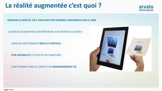 La réalité augmentée c’est quoi ?
3
ENRICHIR LA RÉALITÉ, EN Y AJOUTANT DES DONNÉES DISPONIBLES SUR LE WEB
LA RÉALITÉ AUGMENTÉE DOIT RÉPONDRE AUX CRITÈRES SUIVANTS :
- ASSOCIER DES ÉLÉMENTS RÉELS ET VIRTUELS
- ÊTRE INTERACTIF ET EFFECTIF EN TEMPS RÉEL
- FONCTIONNER DANS LE CADRE D'UN ENVIRONNEMENT 3D
Source Wikipedia
 