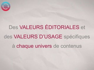 Des VALEURS ÉDITORIALES et
des VALEURS D’USAGE spécifiques
  à chaque univers de contenus
 